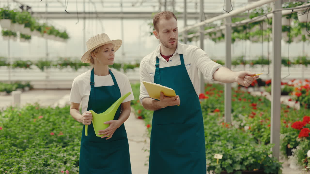 Two horticulturists inspecting plants in a modern greenhouse