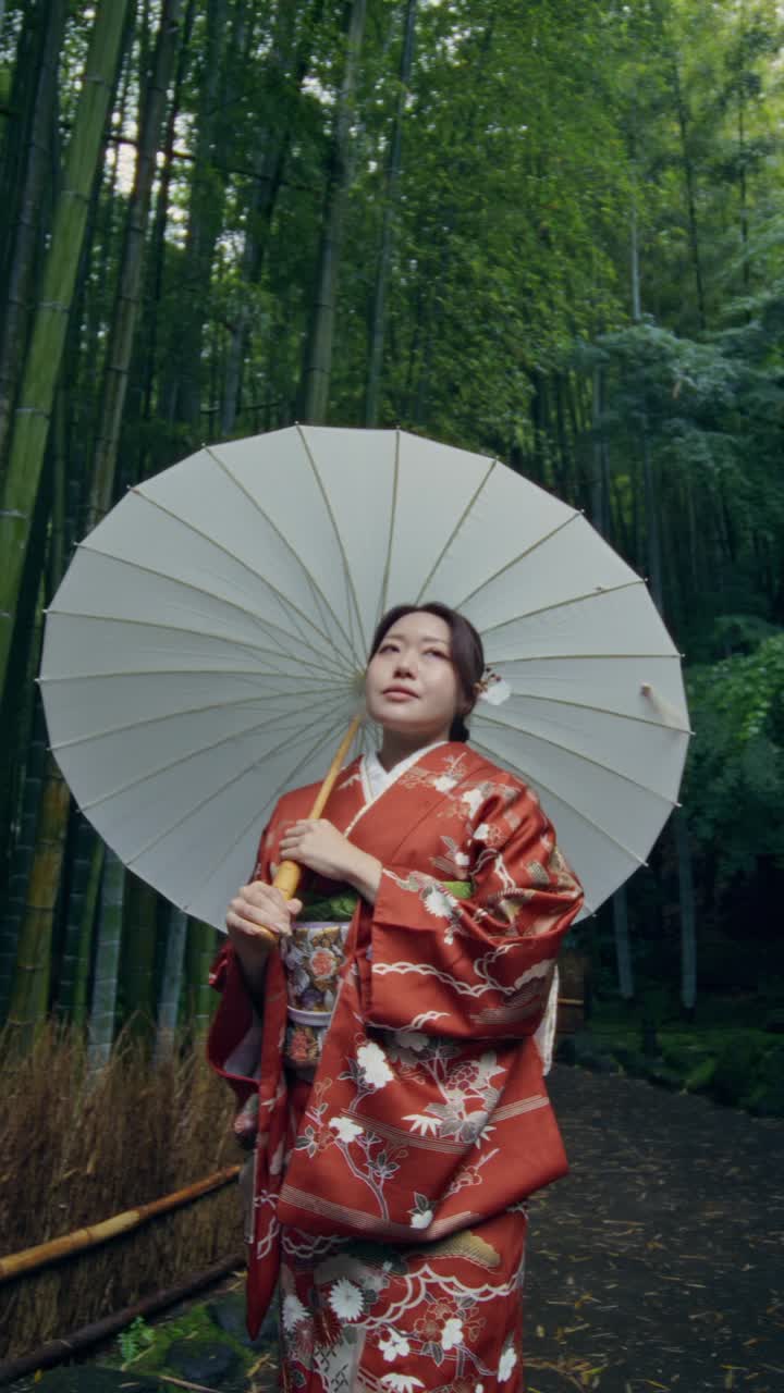 Woman in Kimono in a Bamboo Forest