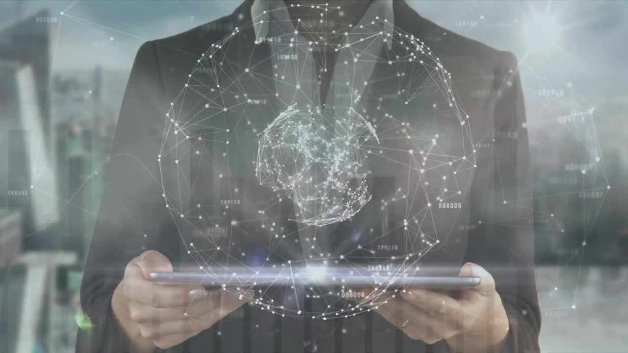 animación del procesamiento de datos sobre una mujer de negocios caucásica que usa una tableta