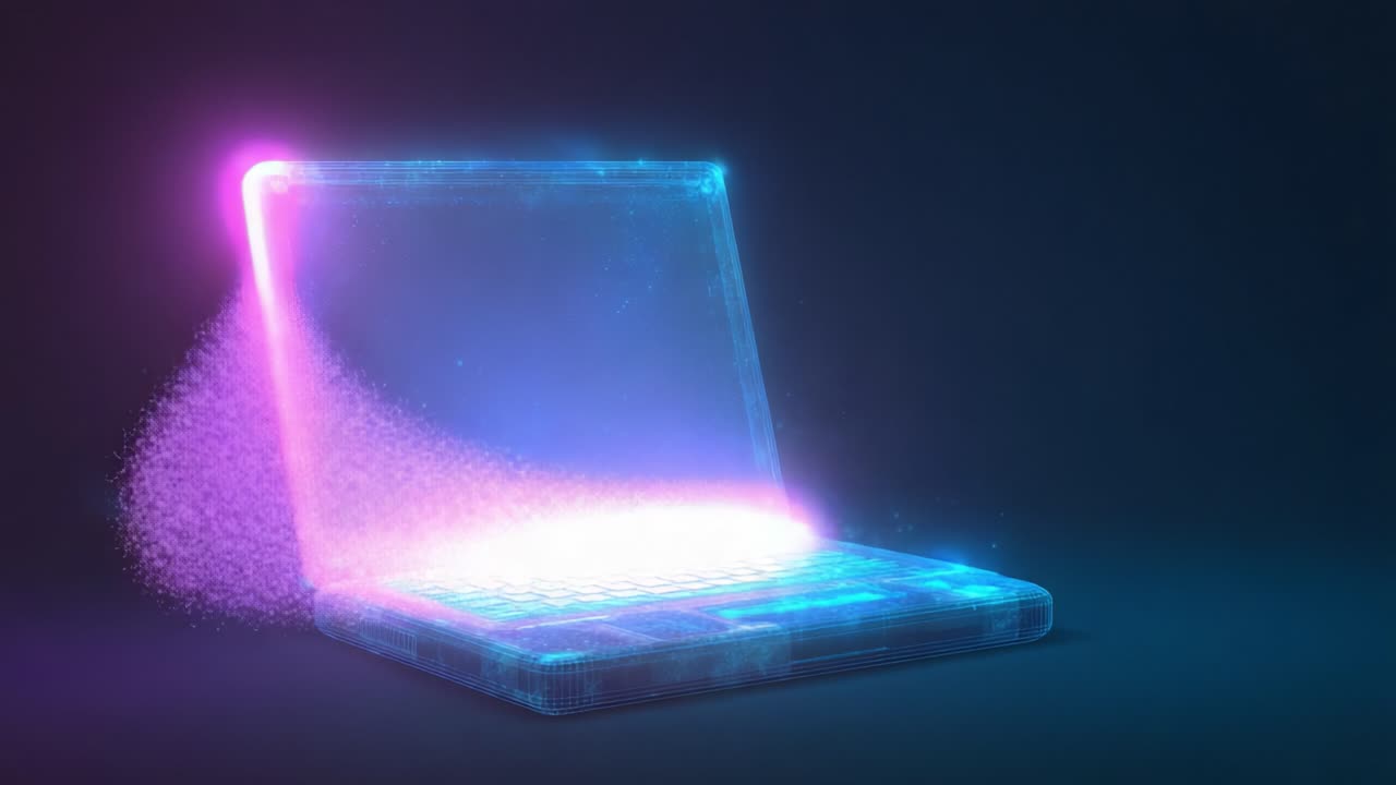 A Vivid Digital Exploration of an Illuminated Laptop: A Stunning Transition from a Sparkling Display to Ethereal Light Patterns against a Dark Background