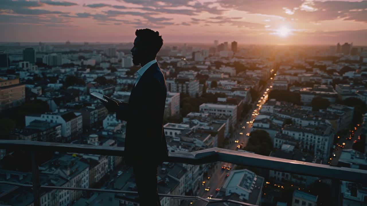 Businessman on Rooftop at Sunset