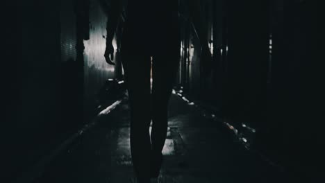 a cinematic shot of a girl walking confidently in a small dark eerie and dirty street during the night