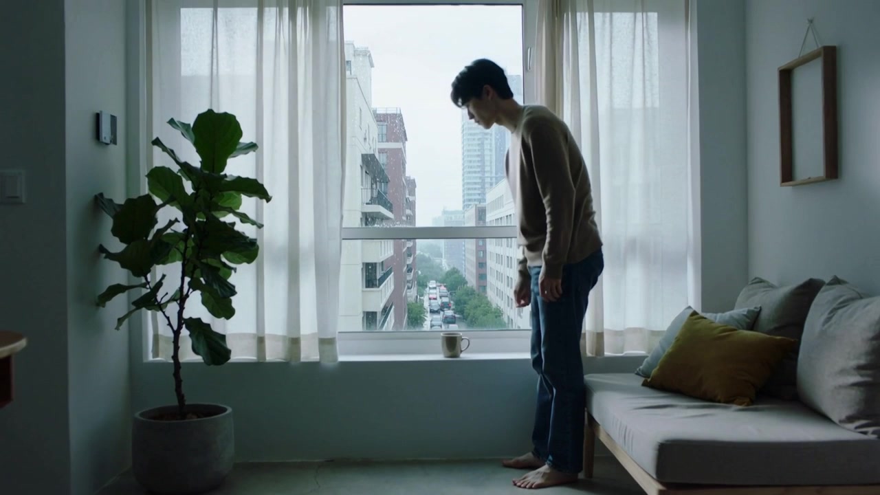 そよ風がカーテンを揺らす自宅で、セーターとジーンズ姿の男性がカーテンを引いてマグカップを手に取り、街を眺めている。