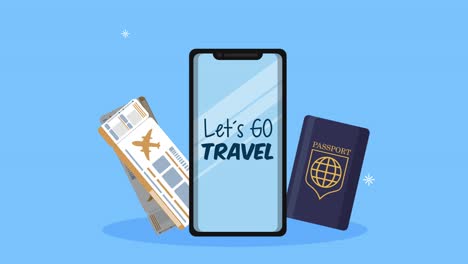 lets go travel lettering in smartphone with tickets and passport