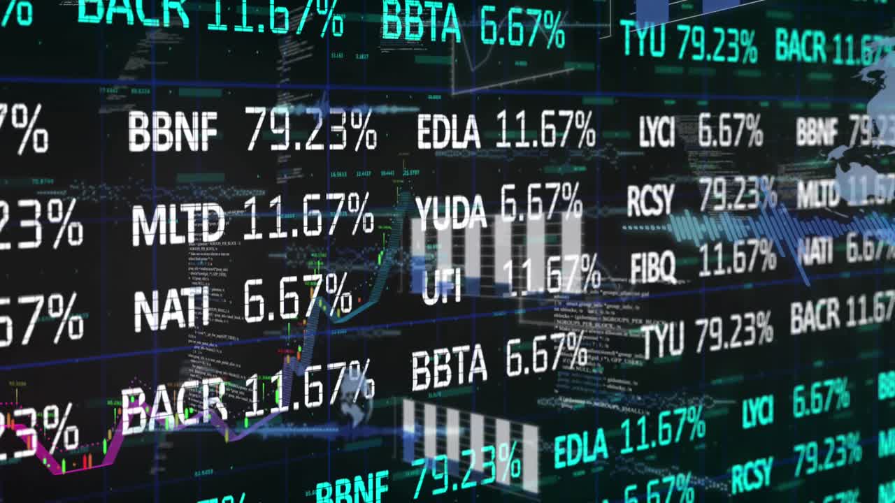 Animation of financial data processing and statistics on black background
