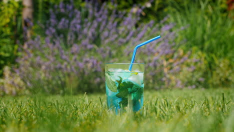 cóctel de menta azul en un jardín