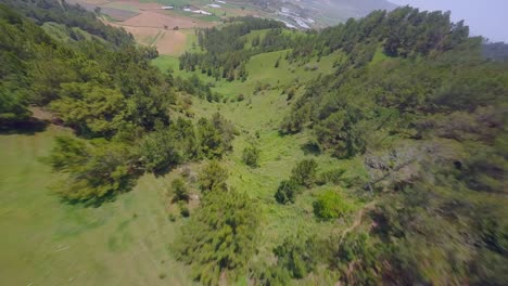 Aerial-drone-fpv-pov-over-green-landscape-mountains-and-valley-of-Constanza-countryside,-Dominican-Republic