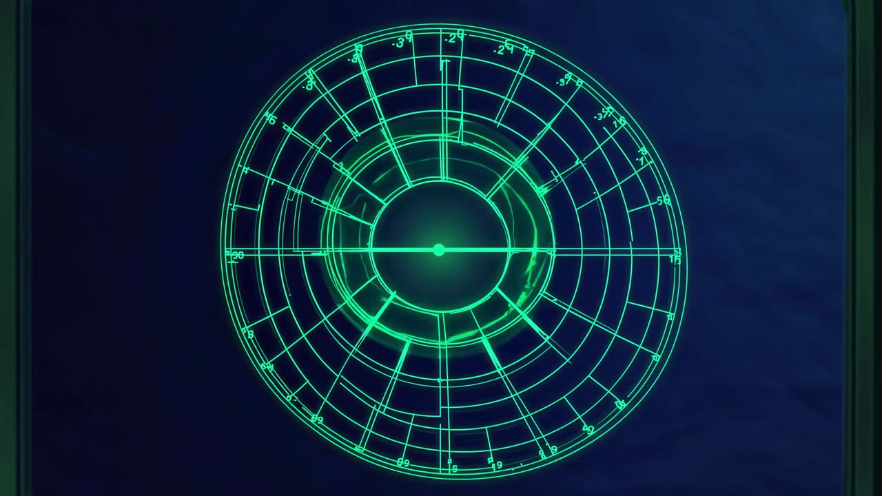 Schermo radar digitale verde con impulso di scansione
