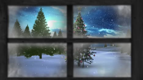 Animation-of-window-view-of-christmas-tree-and-winter-landscape