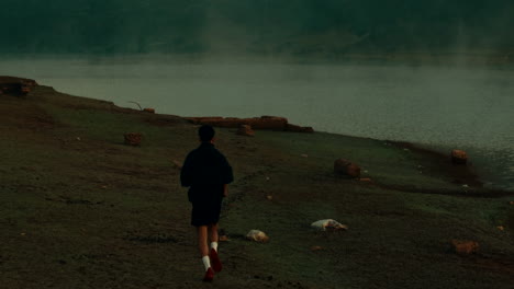 misty morning hike by the lake