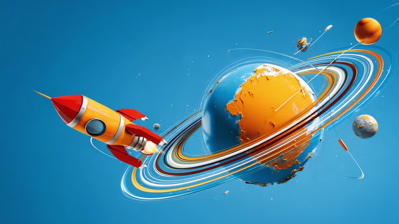 A Colorful Rocket Journey Through Space: Exploring the Wonders of the Universe with a Vibrant Rocket Launching Towards a Detailed Earth Surrounded by Stunning Planets