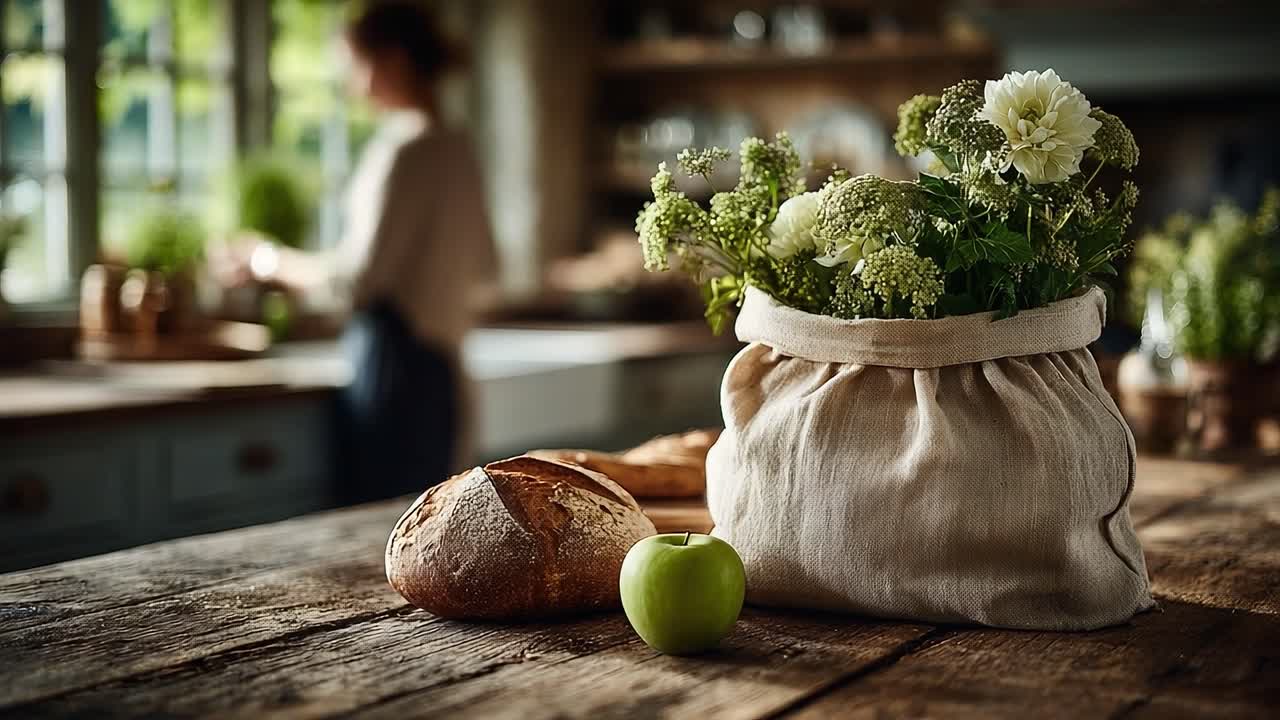 A Tranquil Kitchen Scene Featuring Fresh Flowers in a Bag, a Freshly Baked Loaf of Bread, and a Crisp Green Apple on a Rustic Wooden Table