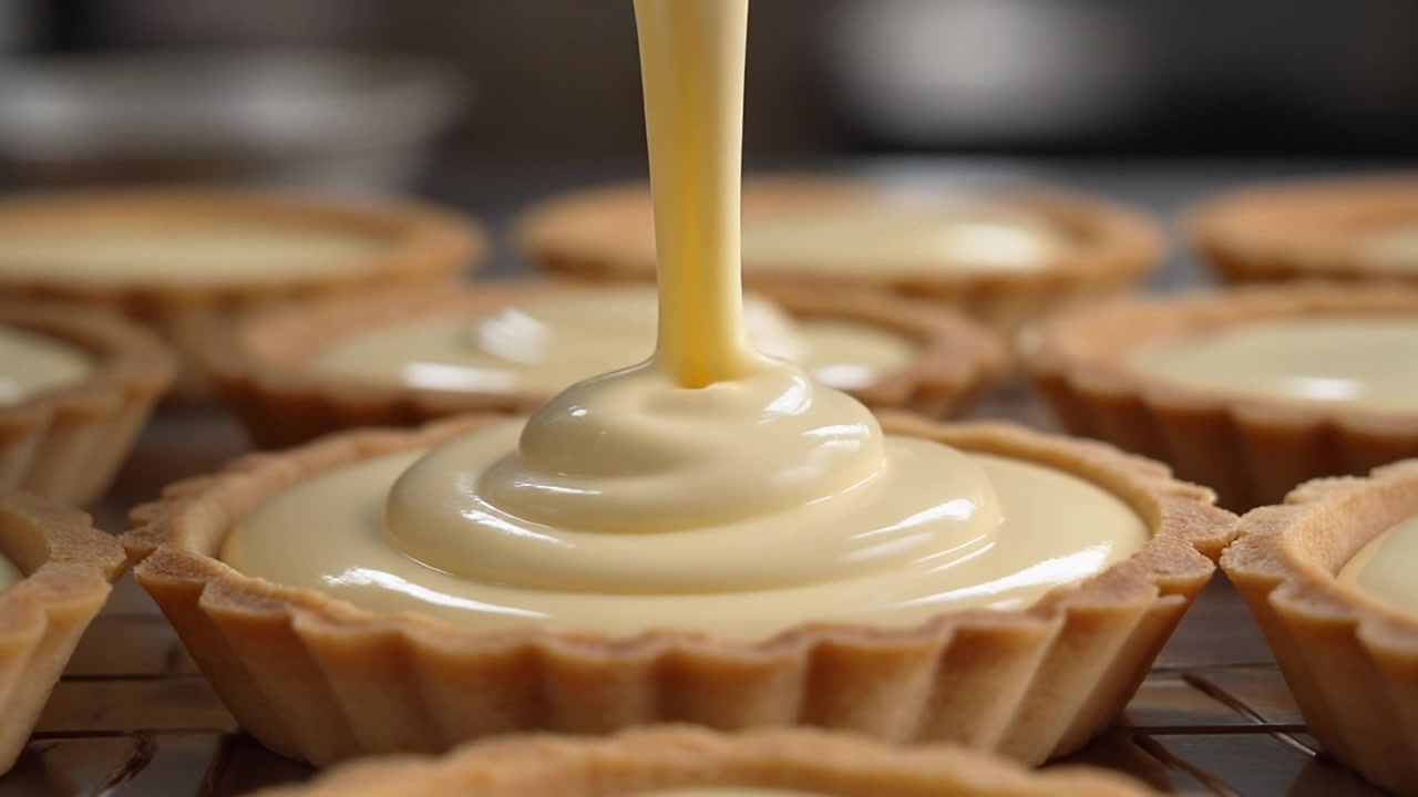 Pastry Chef Pouring Creamy Custard Filling into Tart Shells