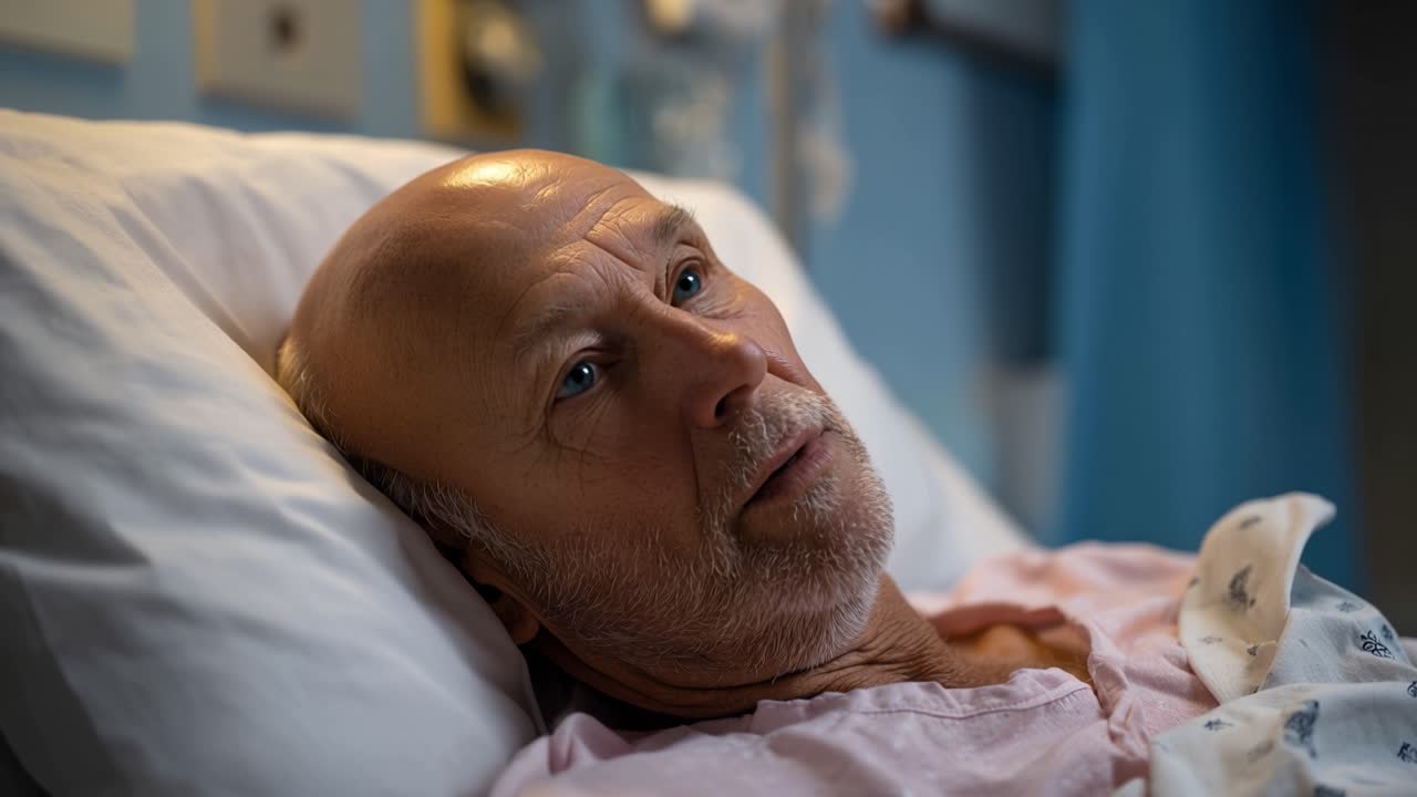 Uomo riposa nel letto d'ospedale, occhi chiusi. Appare calmo, leggermente sereno. La testa è reclinata, un cuscino sostiene il collo. Una luce soffusa gli illumina il viso, delicata e tranquilla. La scena suggerisce riposo e recupero