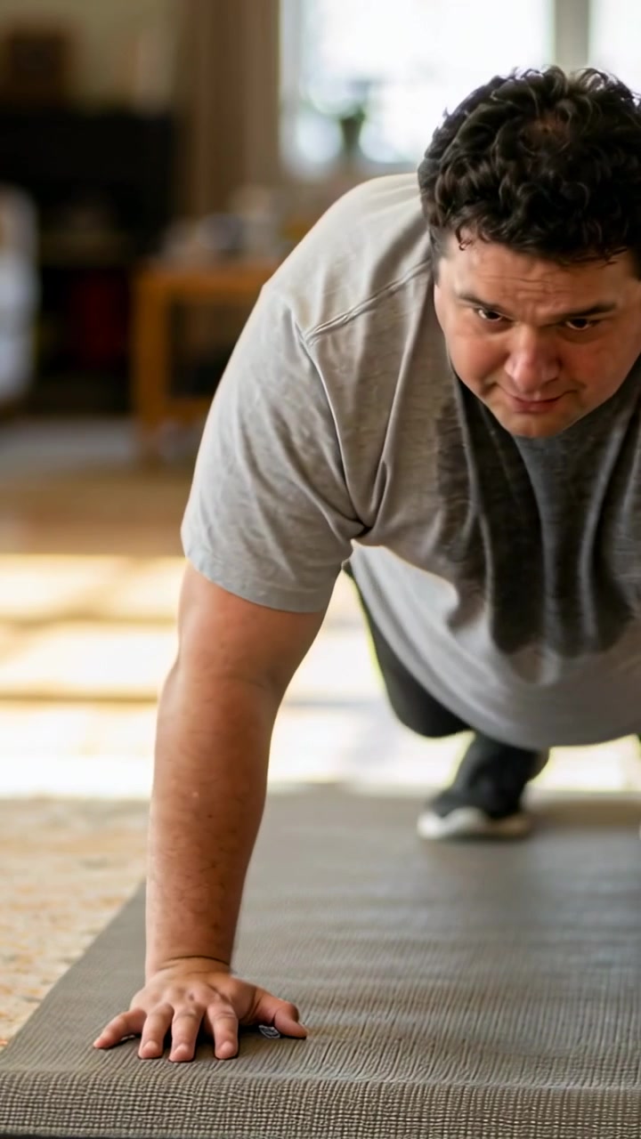 Video verticale: Inizia in ginocchio, uomo che si sposta in plank basso sul tappetino a casa, in pantaloncini per l'allenamento