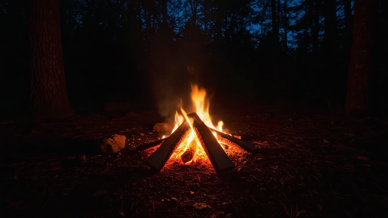 A Serene Campfire Glowing in the Darkness, Surrounded by Trees, Evoking a Sense of Calm and Togetherness Amidst Nature's Embrace
