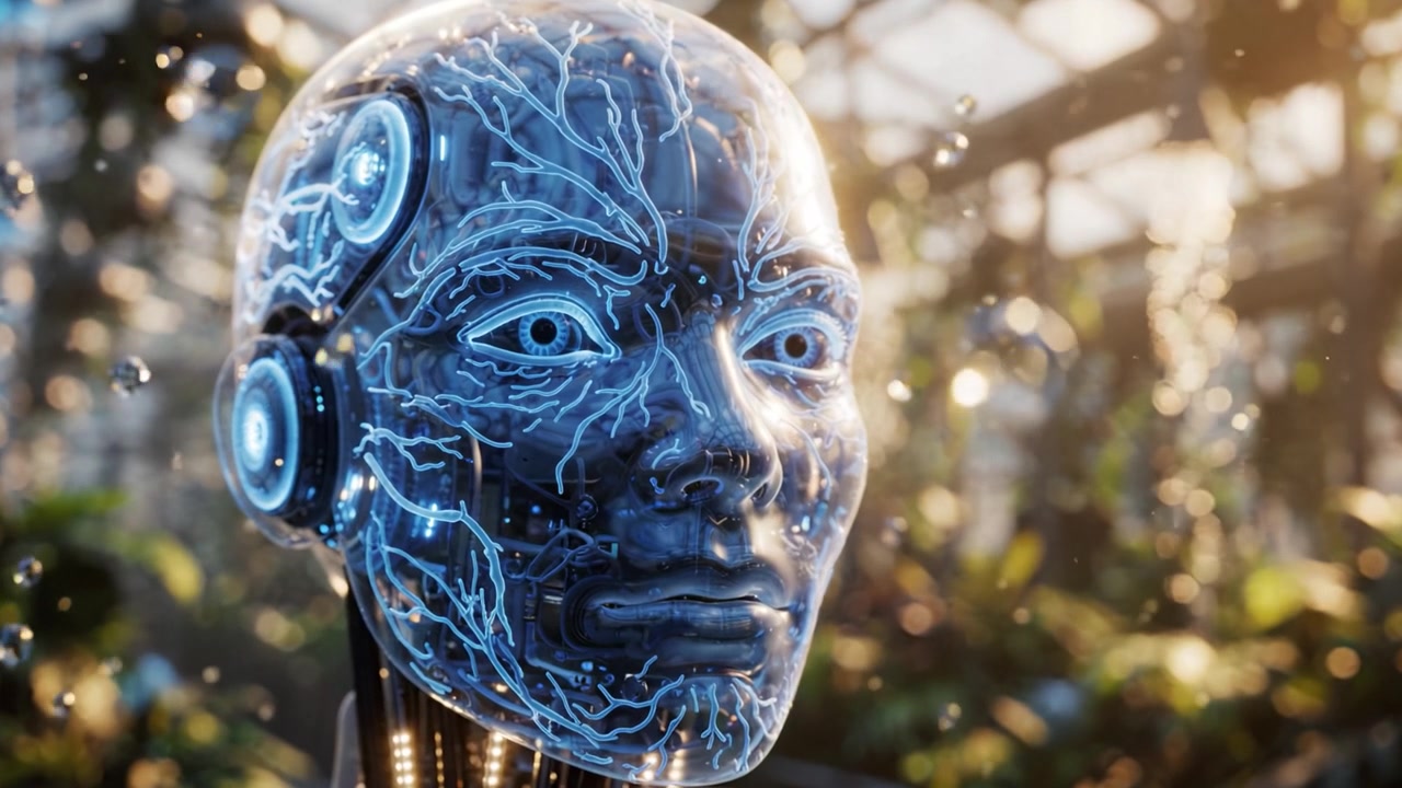 Testa di robot futuristica con circuiti neurali in un lussureggiante ambiente di serra, che affascina con immagini mozzafiato e dettagli intricati di tecnologia avanzata.