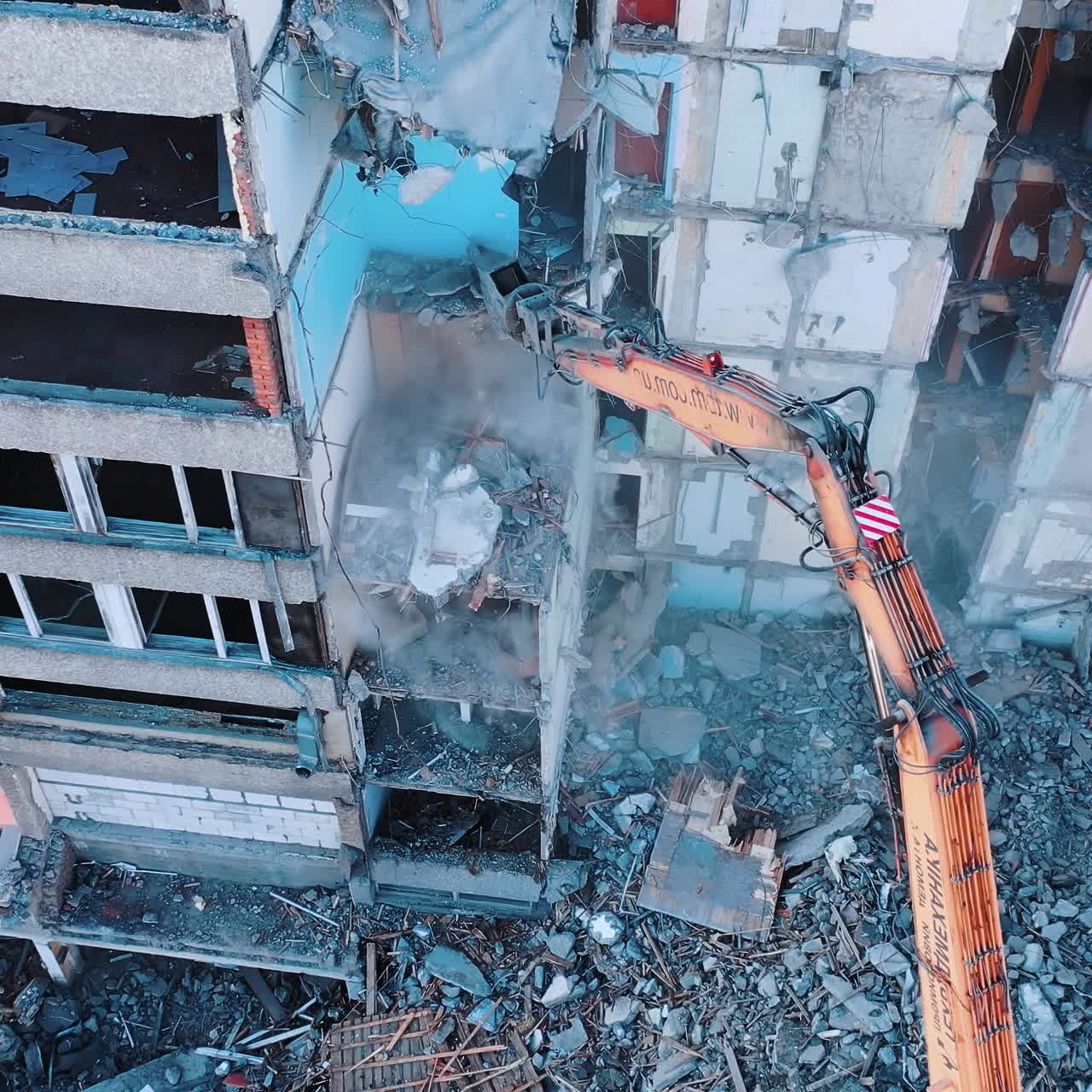Earthquake house destroyed aerial view. Natural disaster demolition building