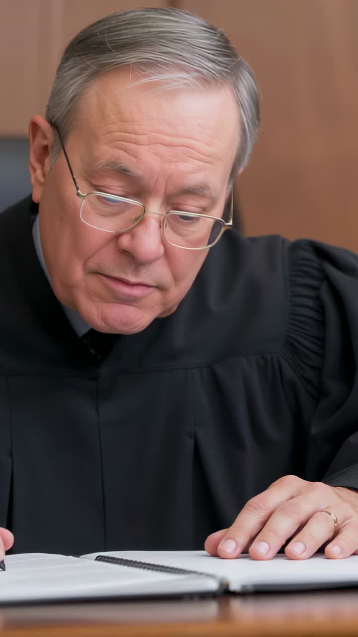 Vertical video: Reading file, robed judge adjusting glasses holding pages for ruling at court bench