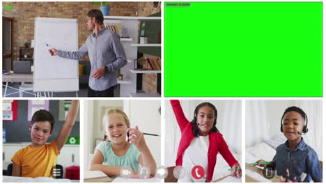 animación de pantalla verde y pantallas de video de diversos maestros y cuatro niños en la lección en línea