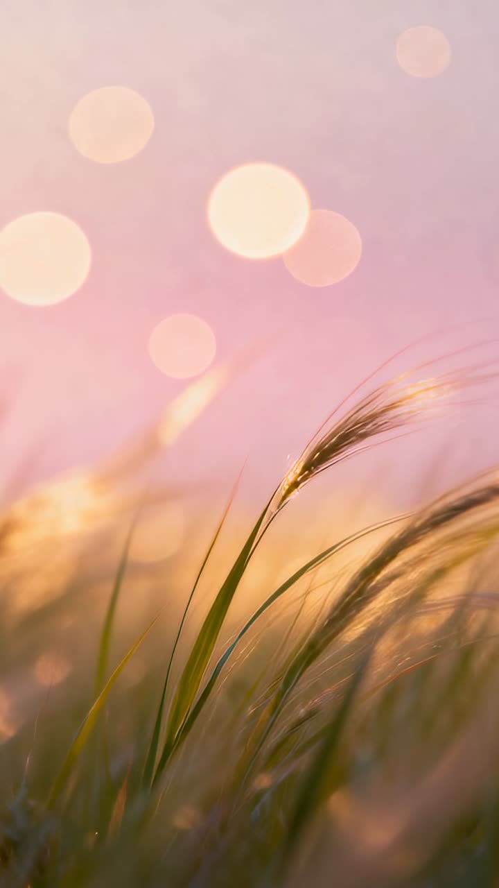 Vertical video: Swaying slim grass ear and blades bending in field by light breeze, with bokeh