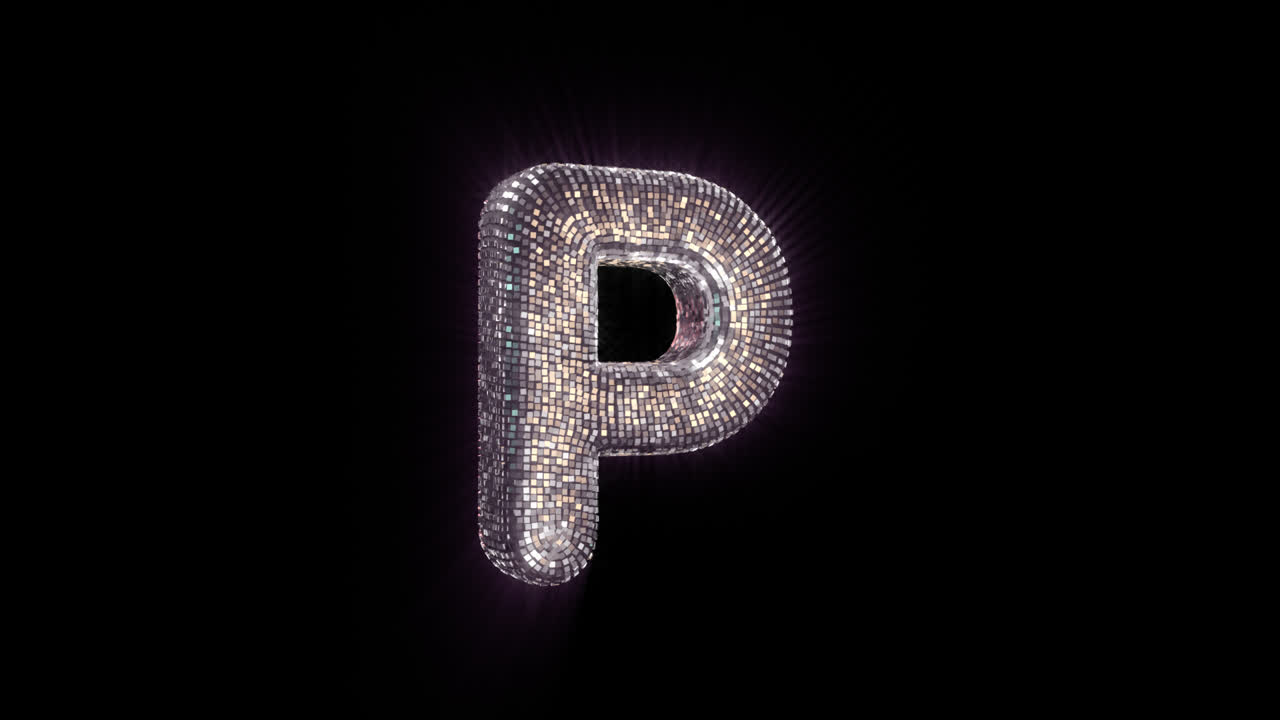 Lettera P luccicante a forma di palla da discoteca su sfondo nero
