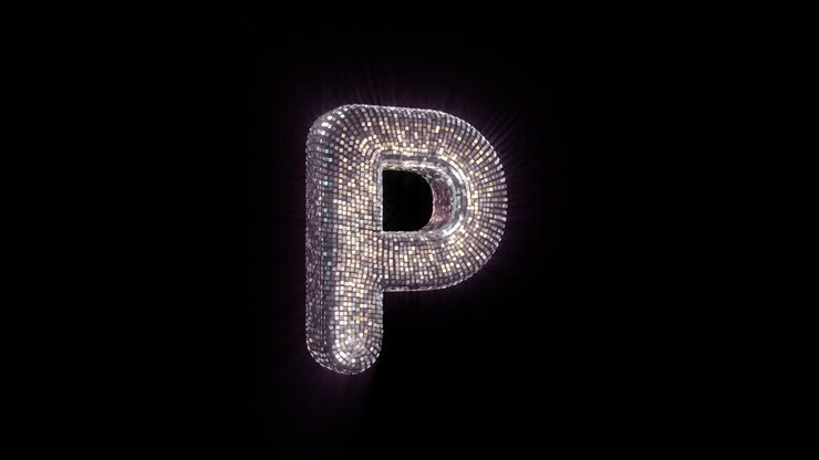 Lettera P luccicante a forma di palla da discoteca su sfondo nero