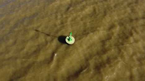 a large green buoy floating on the brown water of the parana river in argentina