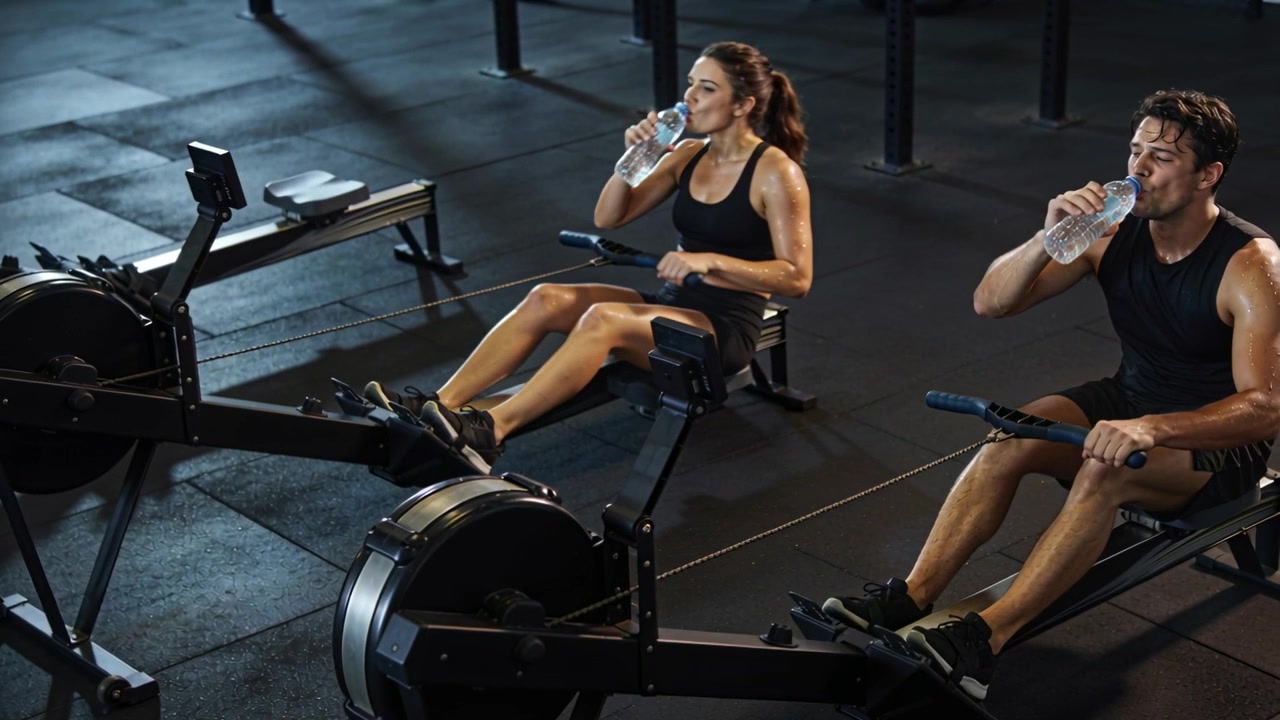 Pausing mid recovery two exercisers in black athletic wear sipping water, rowing on machines at gym