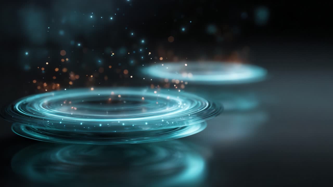 Ethereal Water Rings: Delicate, Glimmering Circles with Shimmering Particles Captured in a Hypnotic Dance Across a Mysterious, Dimly Lit Background