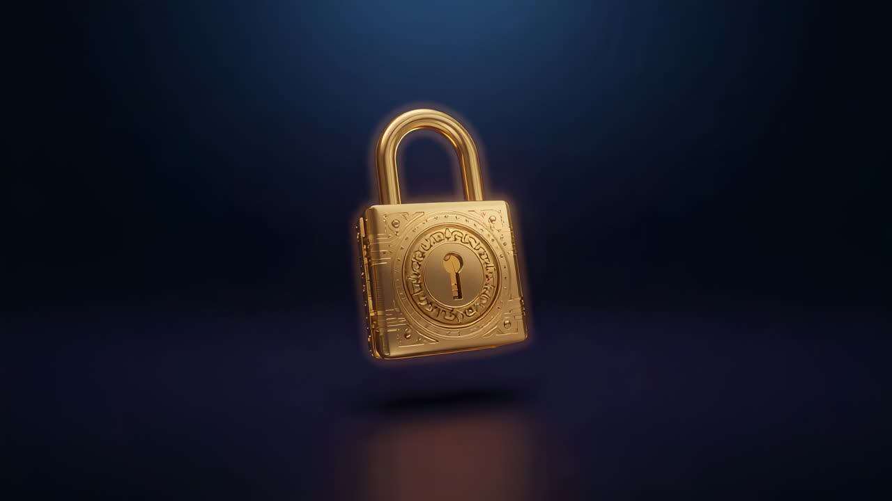 Spotlight activating, gold padlock rotating and bobbing over dark reflective floor, showing keyhole