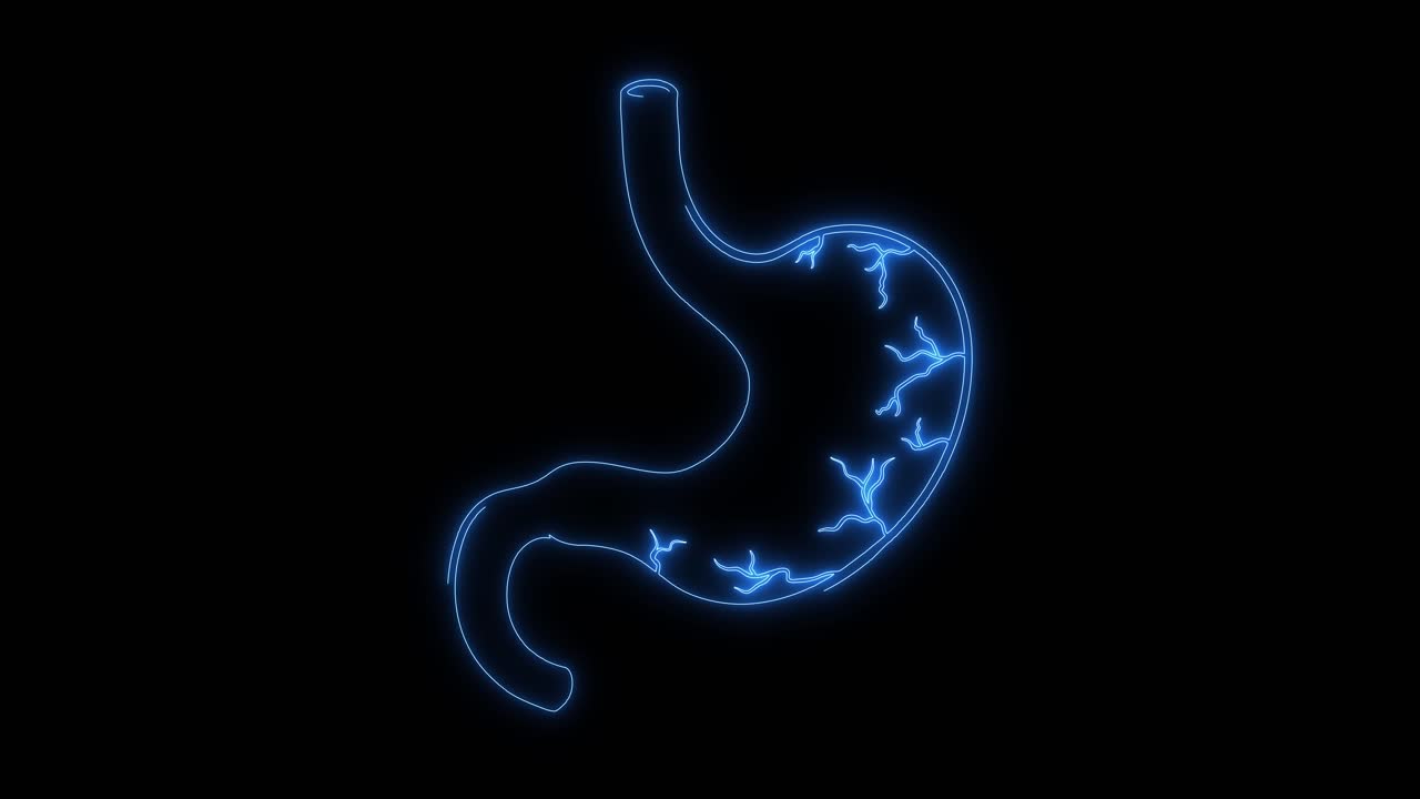 Contorno al neon blu luminoso dello stomaco umano con impulsi elettrici