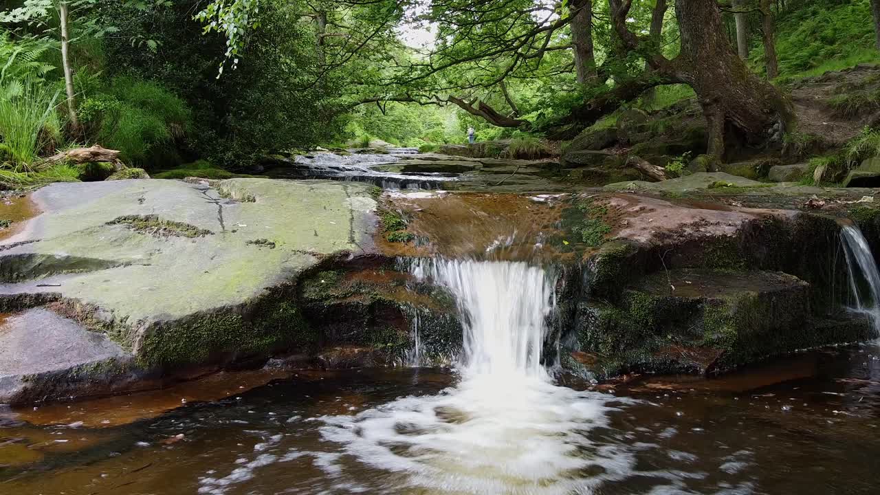 relajante arroyo de bosque de movimiento lento en el distrito de derbyshire peak con agua que fluye sobre rocas pequeñas y grandes