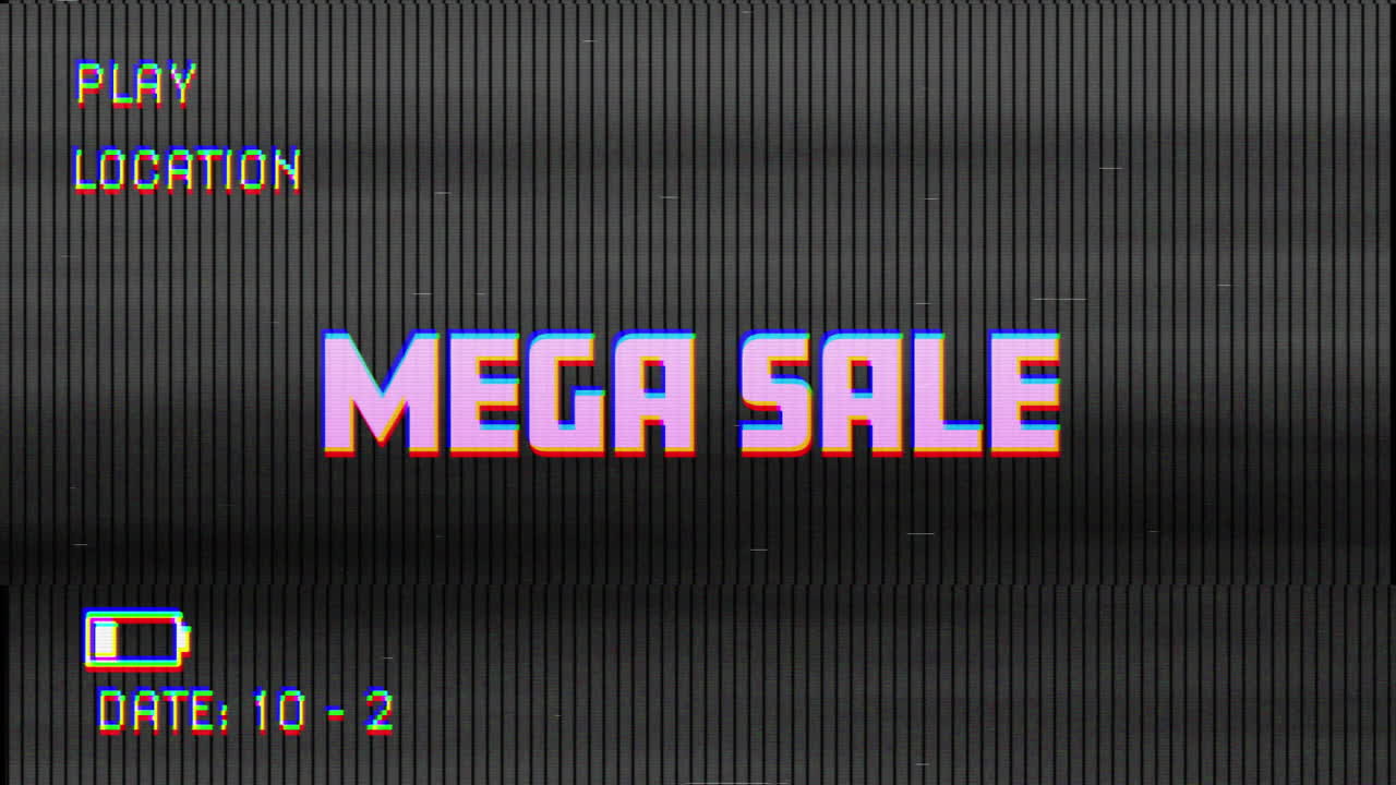 Animazione digitale dell'effetto glitch VHS sul testo mega saldi su sfondo nero