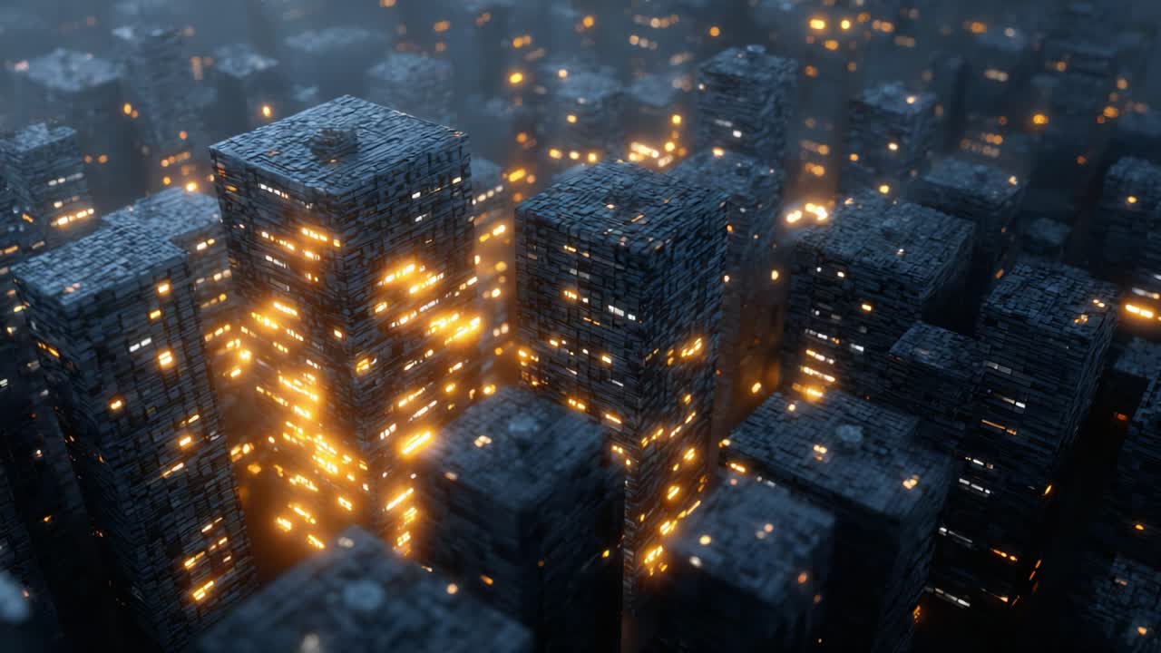 Aerial view of a dense urban landscape at dusk, showcasing illuminated skyscrapers that create a mesmerizing glow amidst the surrounding darkness and fog