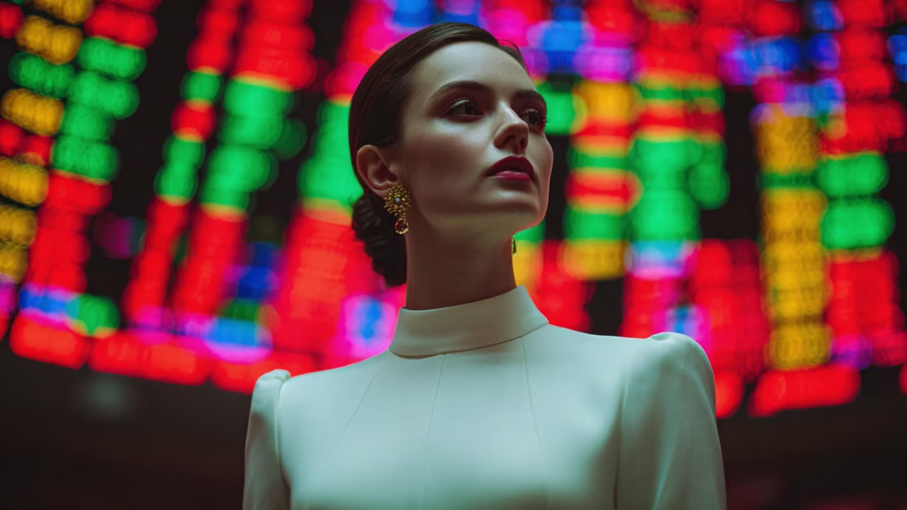 A Stylish Woman in Elegant Attire Captivates the Scene with a Dazzling Background of Dynamic Light Displays, Evoking an Atmosphere of Glamour and Prestigious Events