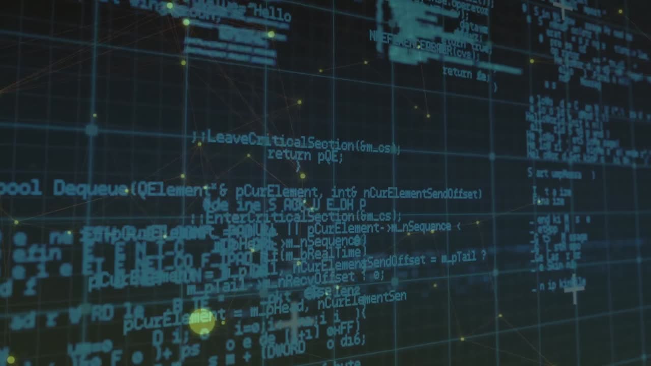 Animation of data processing and network of connections over dark background