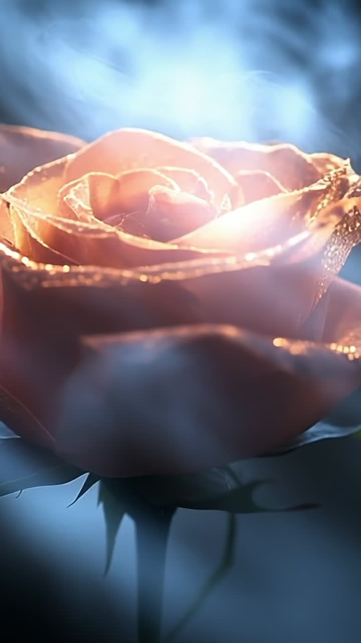 Beautiful rose illuminated by soft light. A delicate rose emits a warm glow surrounded by wisps of mist, creating an enchanting atmosphere at dusk.