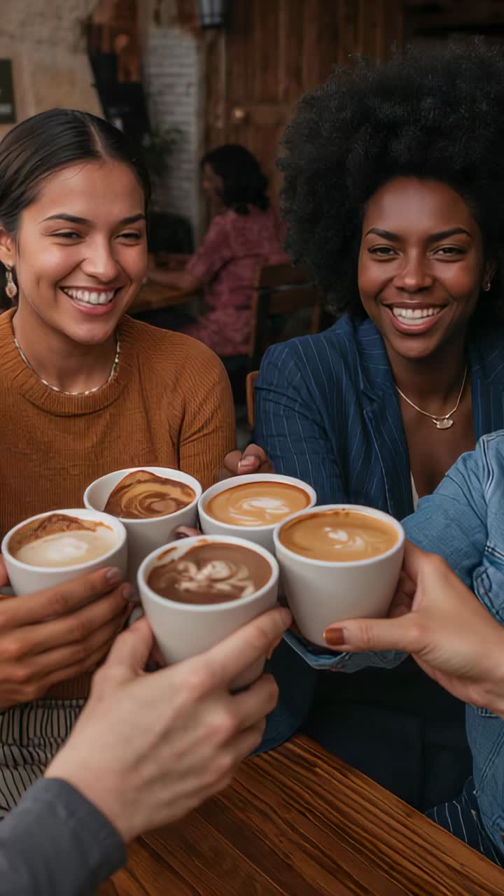 Vertical video: Latte mugs entering prompt two women in sweater, jacket toasting at cafe, cheering