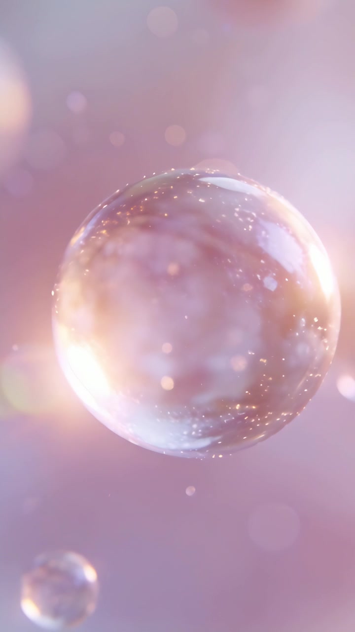 Video verticale: Grande bolla che appare, ruota e fluttua in un set dai colori pastello, creando calma con scintille