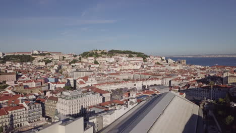 aerial drone shot of lisbon's city center in portugal