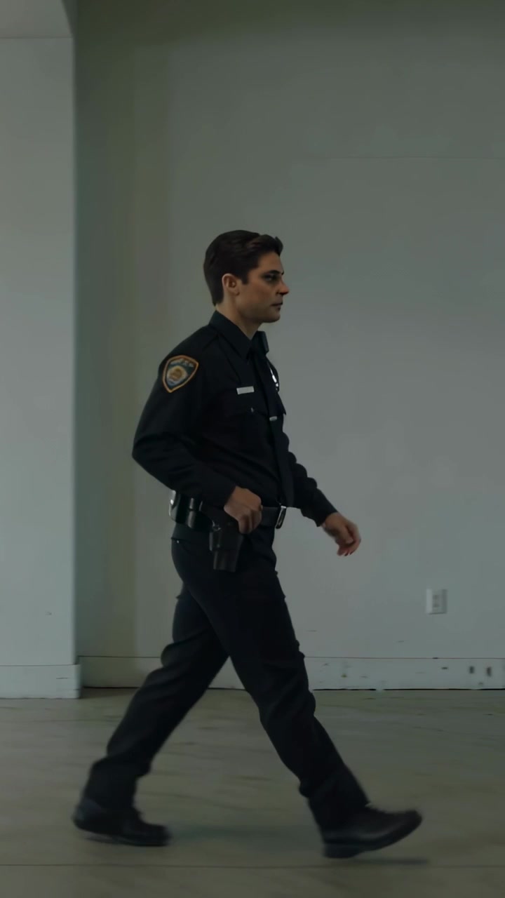 Vertical video: Entering left, uniformed officer patrolling empty white room, hand near duty belt