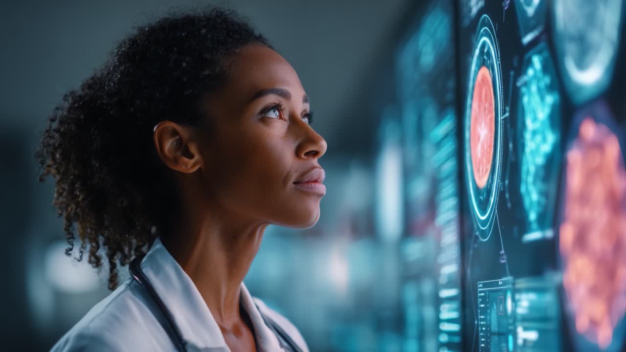 Focused Medical Professional Analyzing Advanced Digital Data Displays in a High-Tech Healthcare Environment, Engaging with Innovative Health Monitoring Technologies