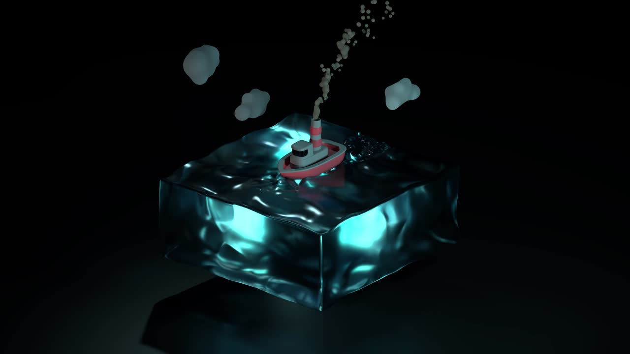 밤에 바다에서 떠다니는 귀여운 배의 3d 애니메이션, 물은 파란색으로 빛나고, 하늘에는 세 개의 구름이 있습니다.