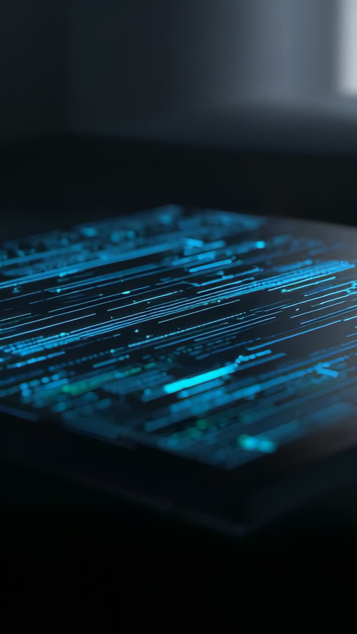 Video verticale: pannello di streaming con linee blu pulsanti sul tavolo, camera che si allontana rivelando la profondità