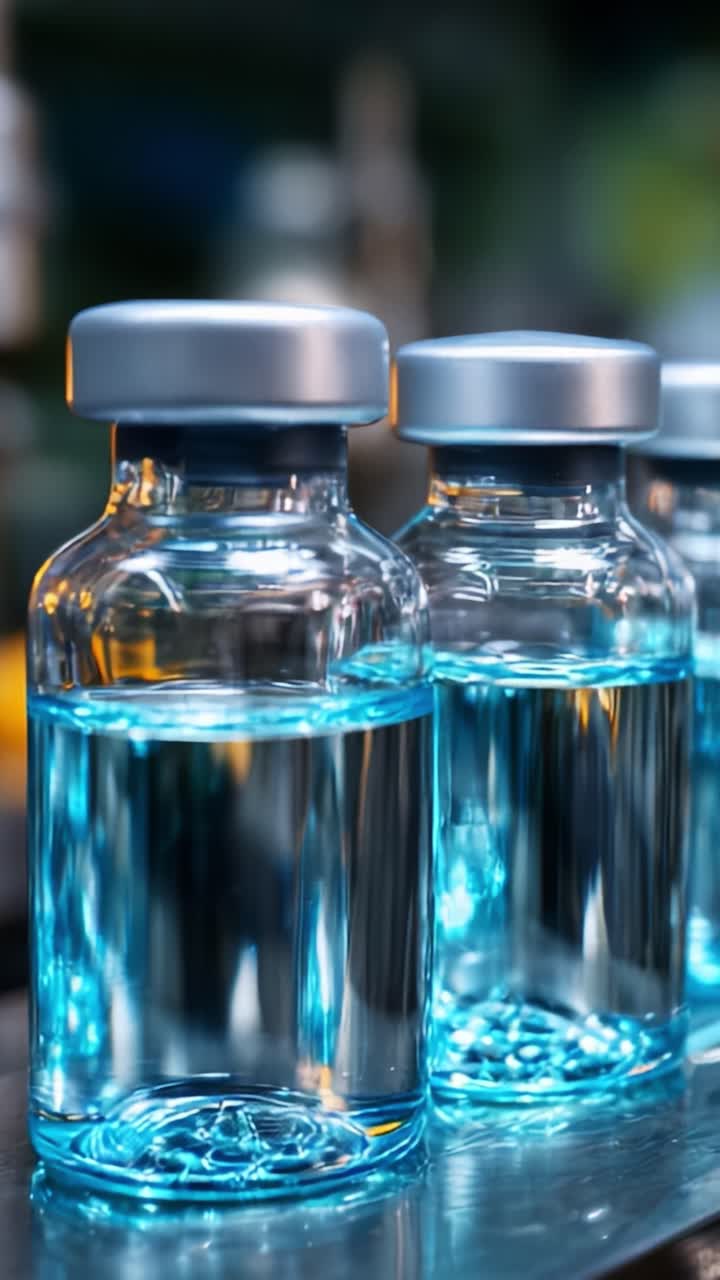 Three glass vials filled with clear blue liquid, showcasing intricate reflections and highlights under soft lighting, emphasizing their sleek design and translucent quality