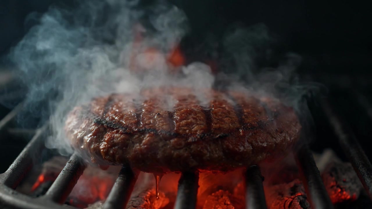 Hamburger di manzo che griglia su fiamma viva con fumo