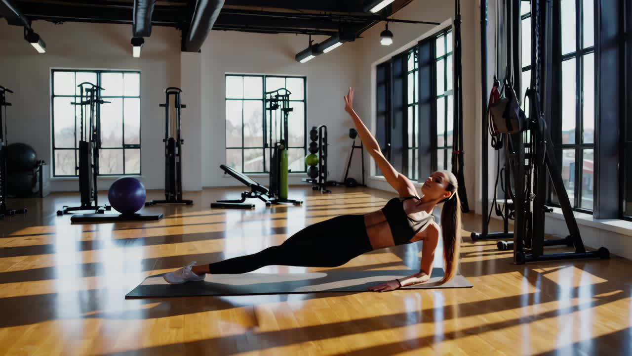 Woman Doing Side Plank Exercise in a Gym