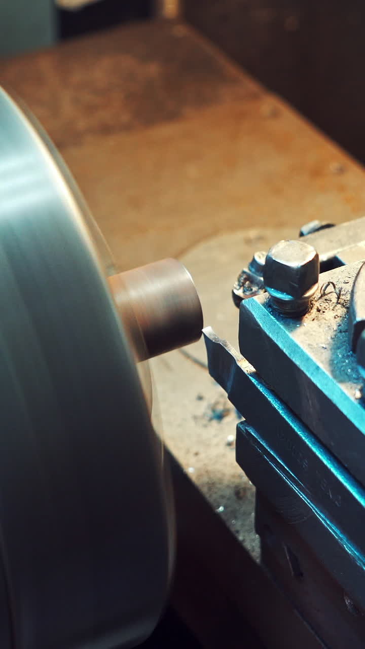 A detail is cutting with using a rotating lathe producing remnants of metal shavings in the plant. Close-up. Vertical video