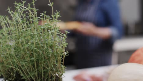 primer plano de verduras y hierbas con una mujer caucásica mayor cocinando en la cocina, cámara lenta